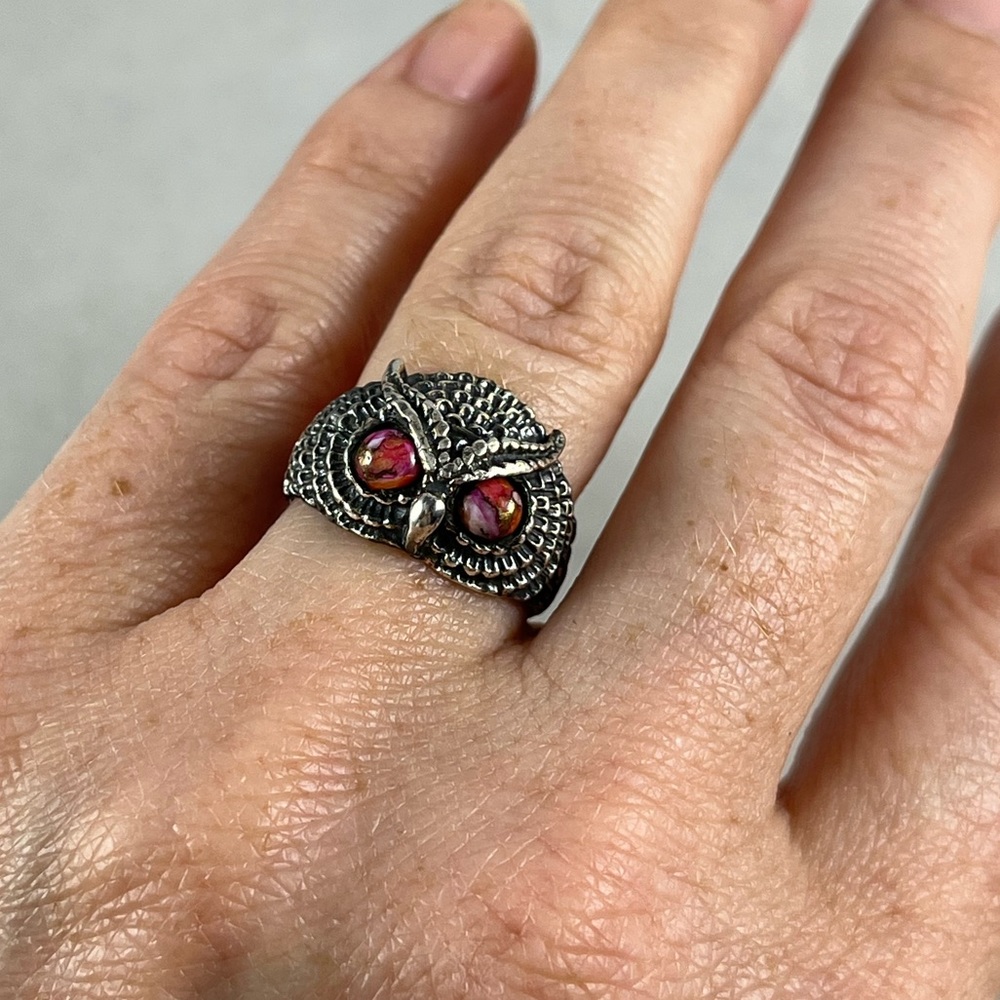NEW Pink dahlia turquoise owl ring sterling silver